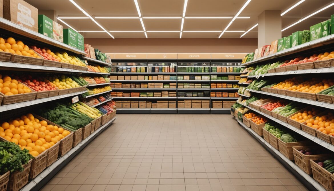Rayon de supermarché avec fruits et légumes frais et panier de courses