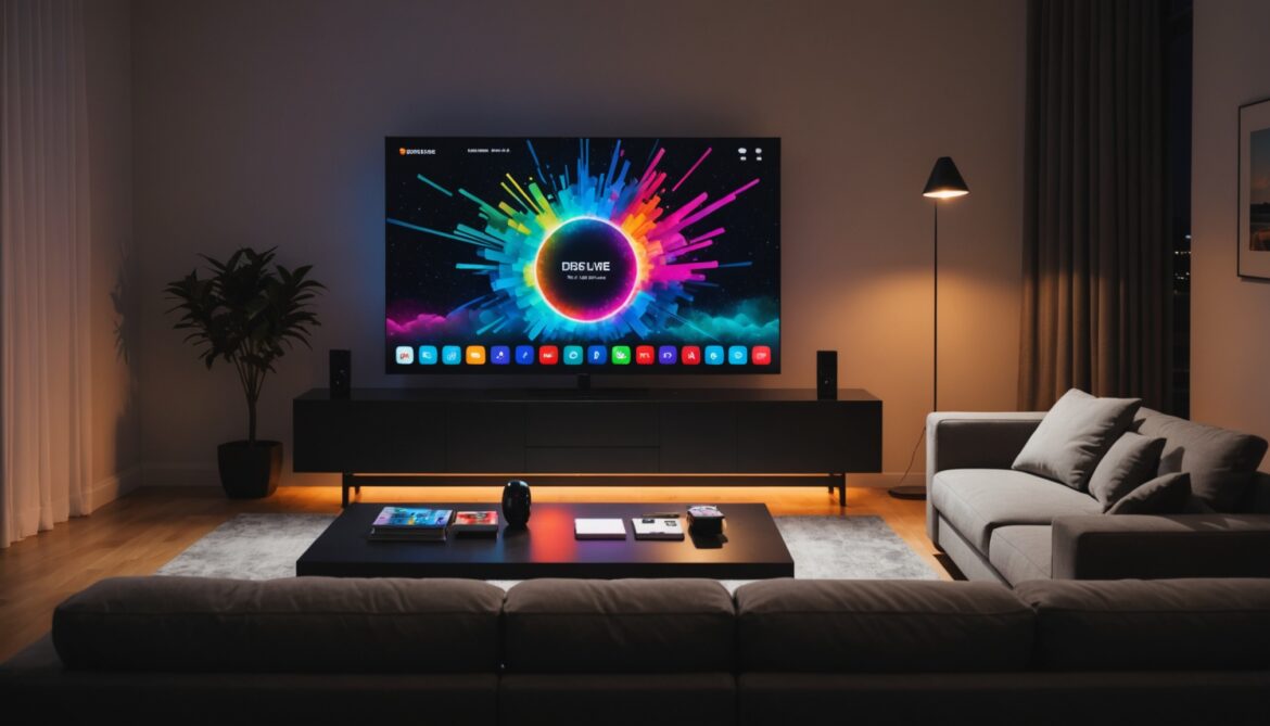 Télévision affichant une interface de streaming dans un salon moderne