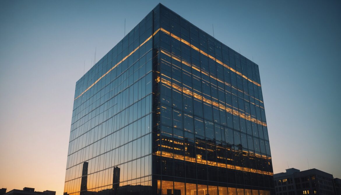 Façade de banque moderne avec réseau numérique lumineux symbolisant un stablecoin bancaire