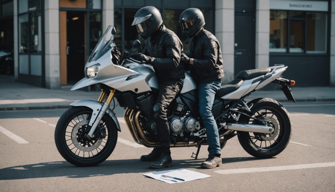 Motard en tenue complète consultant un dossier d'assurance à côté de sa moto