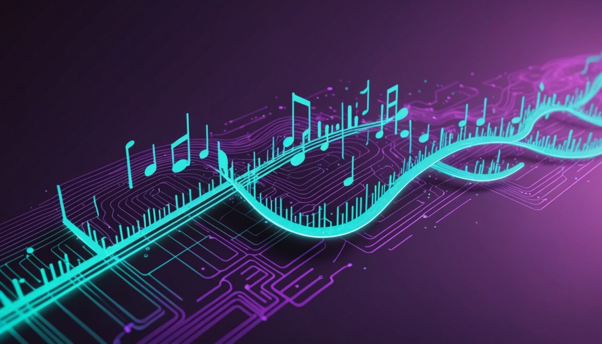 Illustration abstraite d'ondes sonores et de circuits représentant la musique générée par intelligence artificielle