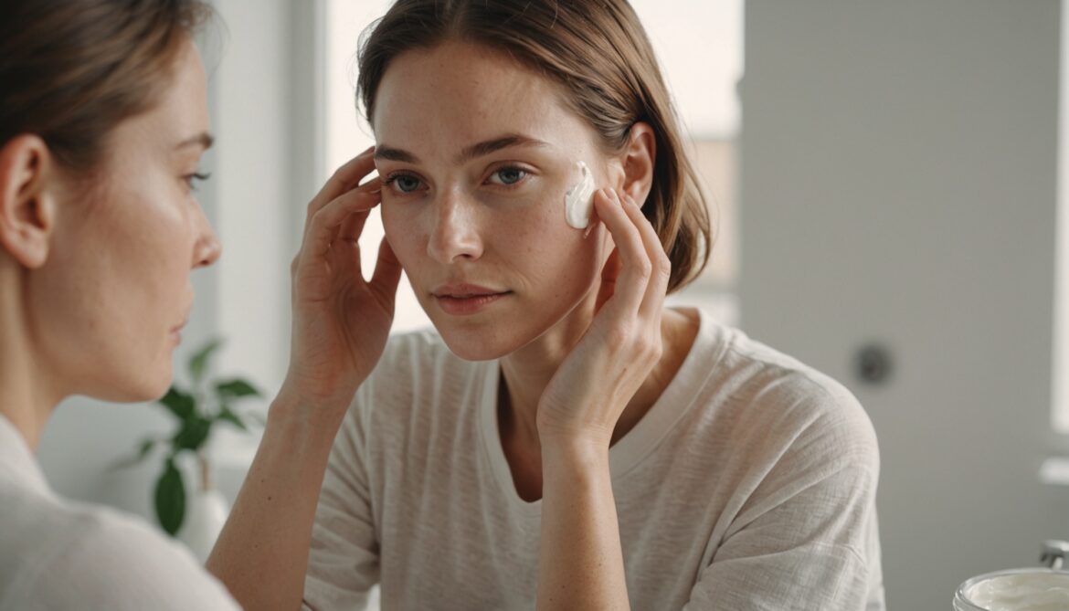 Application d'une crème anti-âge sur le visage dans le cadre d'une routine de soin quotidienne