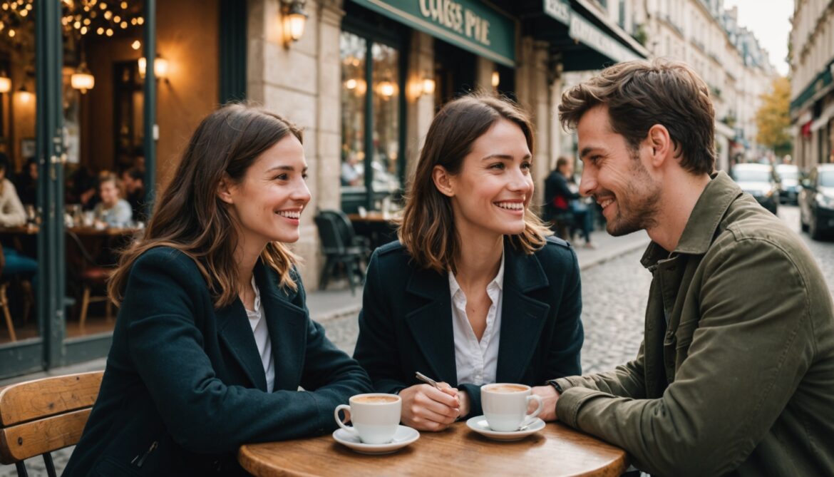 Un couple se rencontre en personne autour d'un café, sans smartphone, illustrant le retour aux rencontres authentiques