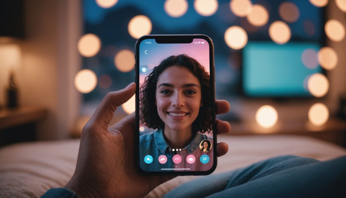 Appel vidéo sur smartphone dans une ambiance chaleureuse, illustration speed dating en ligne