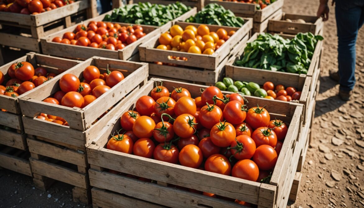 Cageot de tomates et légumes de forme irrégulière sur un étal de marché, sol sec en arrière-plan