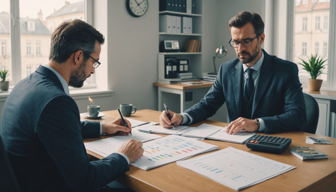 Illustration d'un commerçant français examinant des documents administratifs et financiers à son bureau