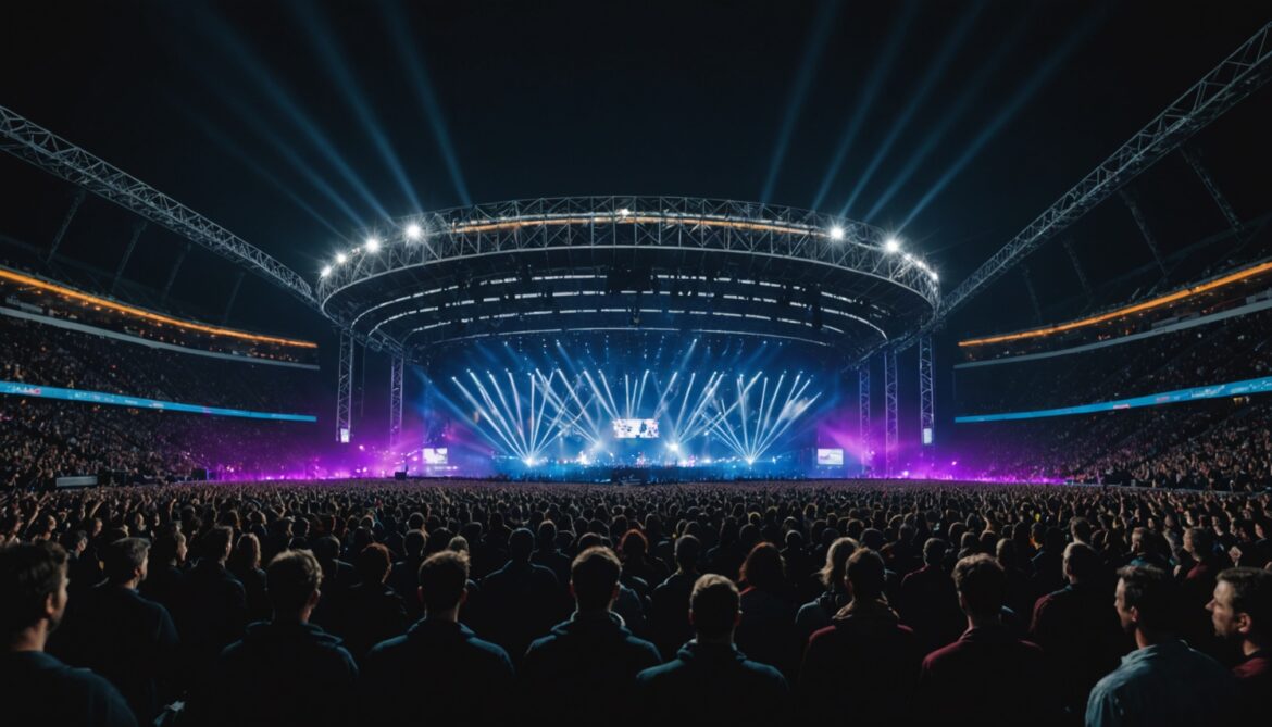 Scène de concert éclairée avec silhouettes du public dans une arena