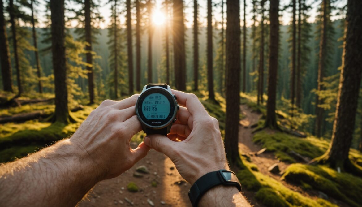 Coureur consultant sa montre GPS pendant un entraînement en forêt