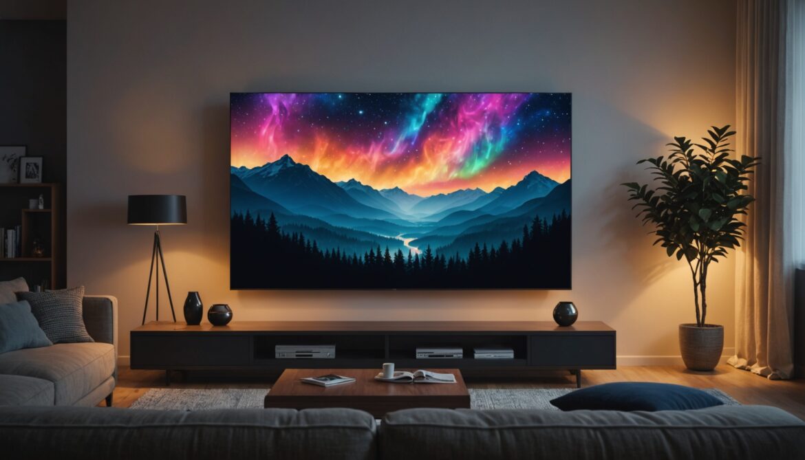 Salon avec télévision allumée affichant une interface de streaming le soir