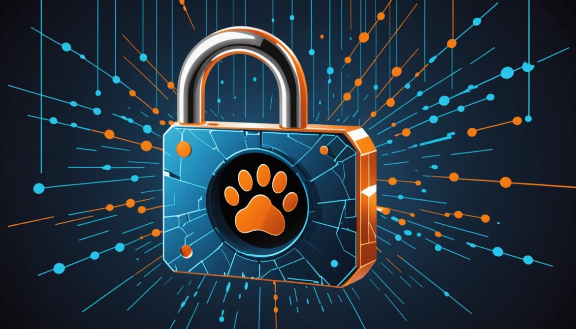 Illustration d'un cadenas numérique brisé avec des empreintes de chien et de chat, symbole du piratage du fichier I-CAD