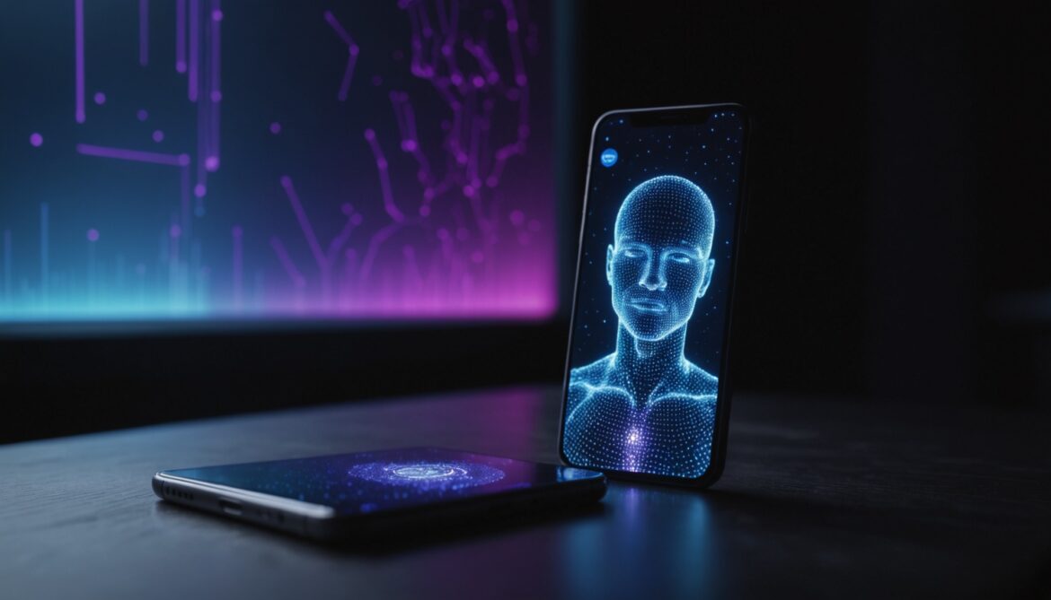 Illustration générée par IA d'un smartphone affichant une silhouette numérique symbolisant un faux profil de rencontre créé par intelligence artificielle
