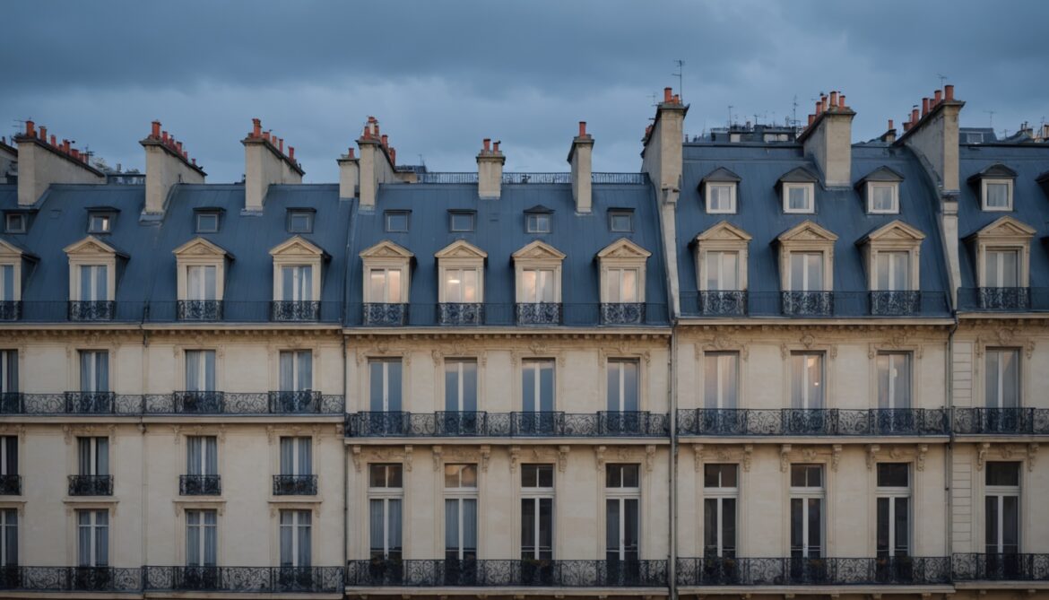 Façades d'immeubles haussmanniens parisiens aux toits de zinc, avec quelques fenêtres éclairées à la tombée du jour