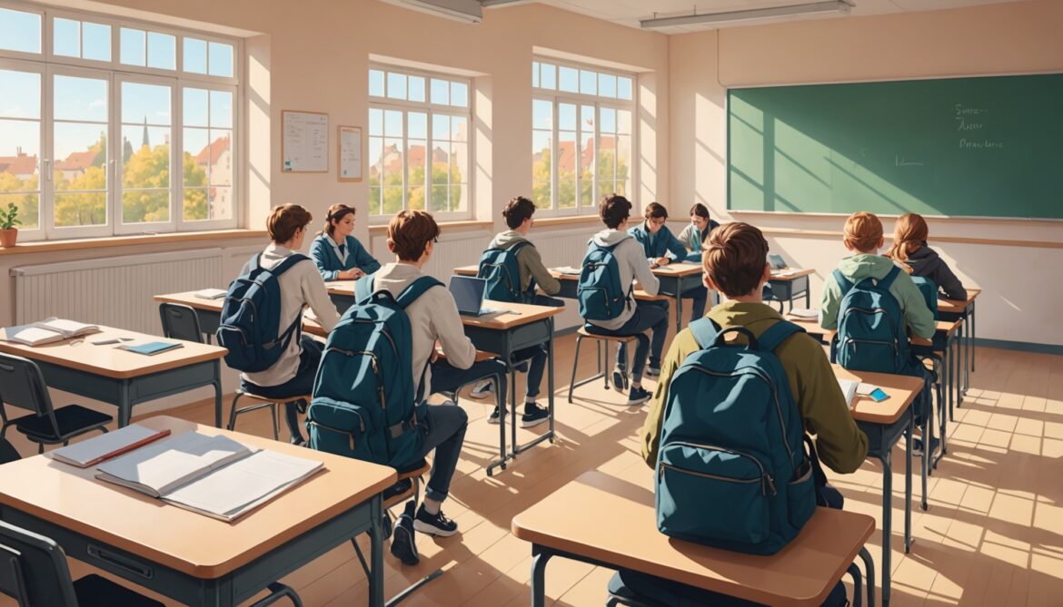 Illustration éditoriale d'une salle de classe de lycée avec un téléphone portable éteint