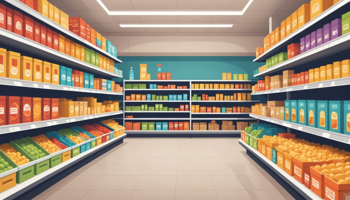 Illustration de produits alimentaires transformés en rayon de supermarché
