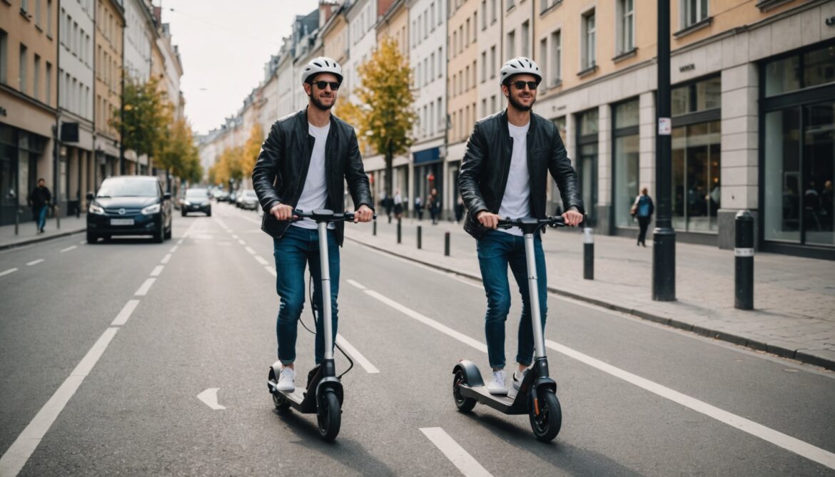 Illustration générée par IA d'une personne utilisant une trottinette électrique sur une piste cyclable urbaine, ne représente pas un modèle précis