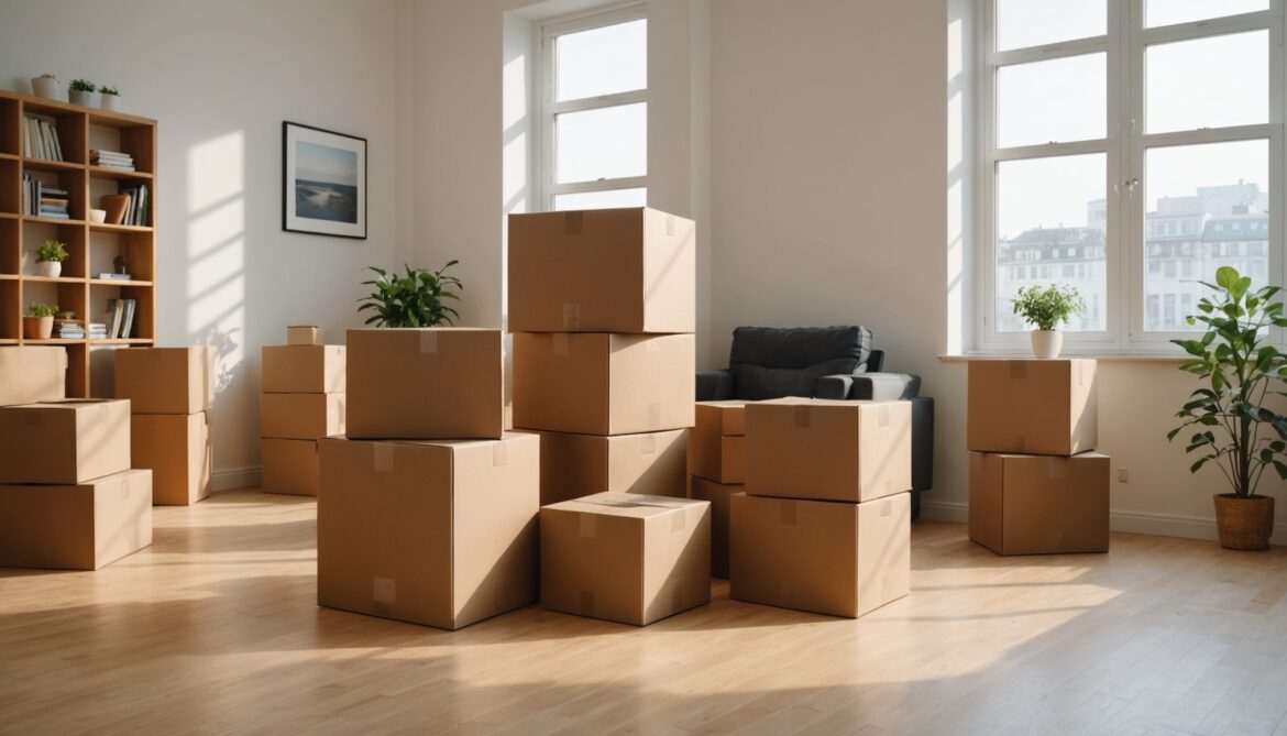 Cartons de déménagement empilés dans un appartement vide, illustration générée par IA