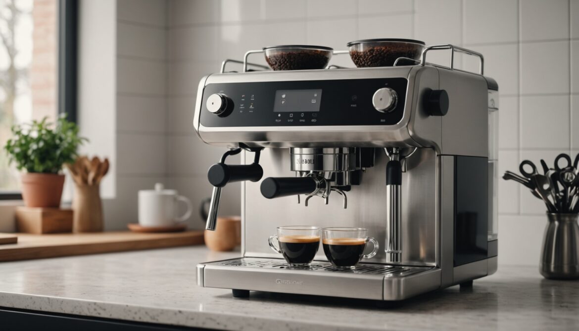 Machine à café expresso moderne posée sur un plan de travail de cuisine