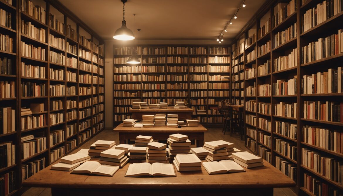 Illustration générée par IA d'une librairie avec des piles de romans en lumière chaude